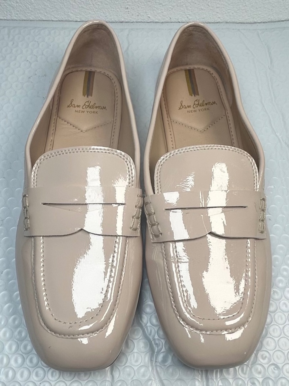 Sam Edelman Tucker Patent Leather Loafers Linen Nude Cream Penny Flat Women Sz 9